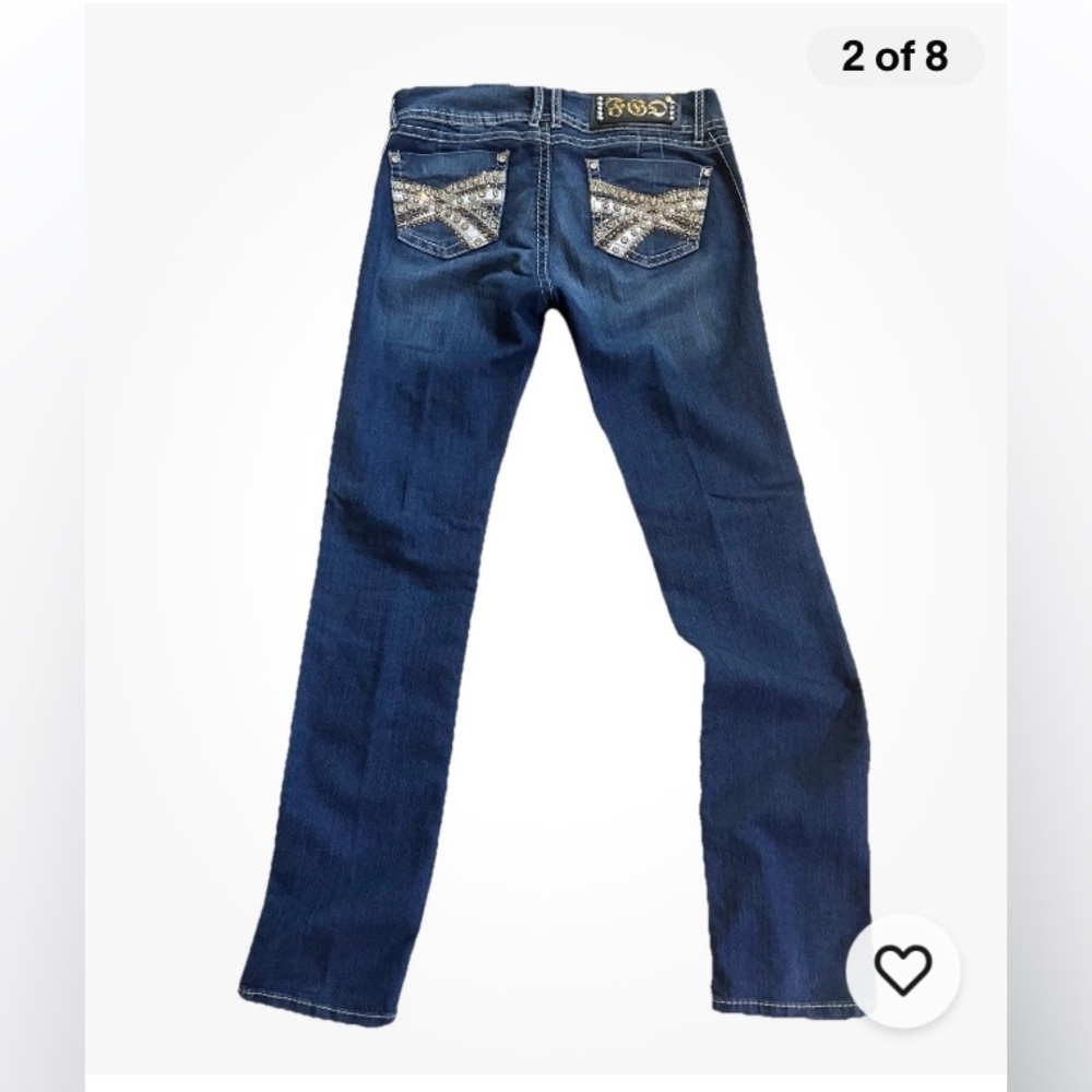 Fergino13 Low Rise, Rhinestone and Denim Embellished boot cut blue jeans. size M